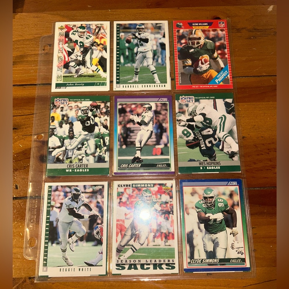 A sheet of NFL Eagles 1980’s&1990’s Trading Cards. Brand NFL Pro & Score.
